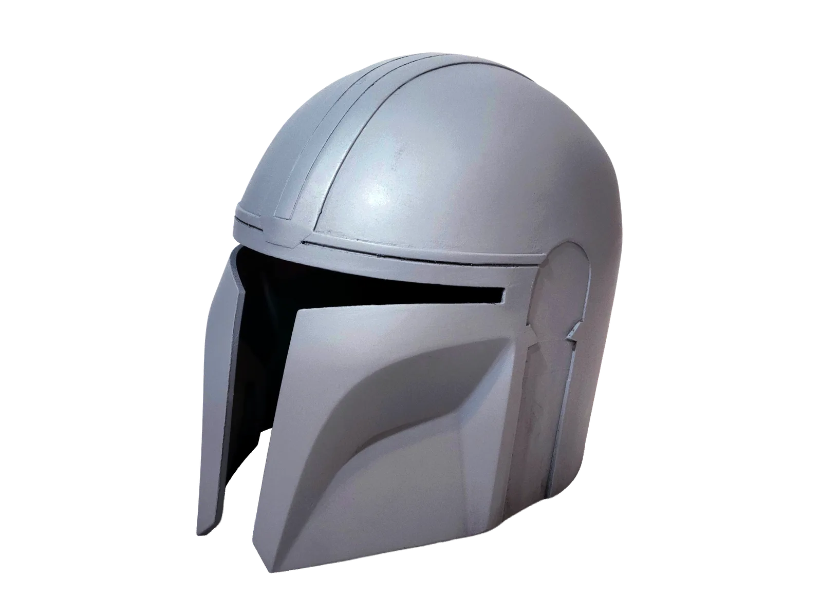 Primed 3D printed bounty hunter helmet, studio cutout